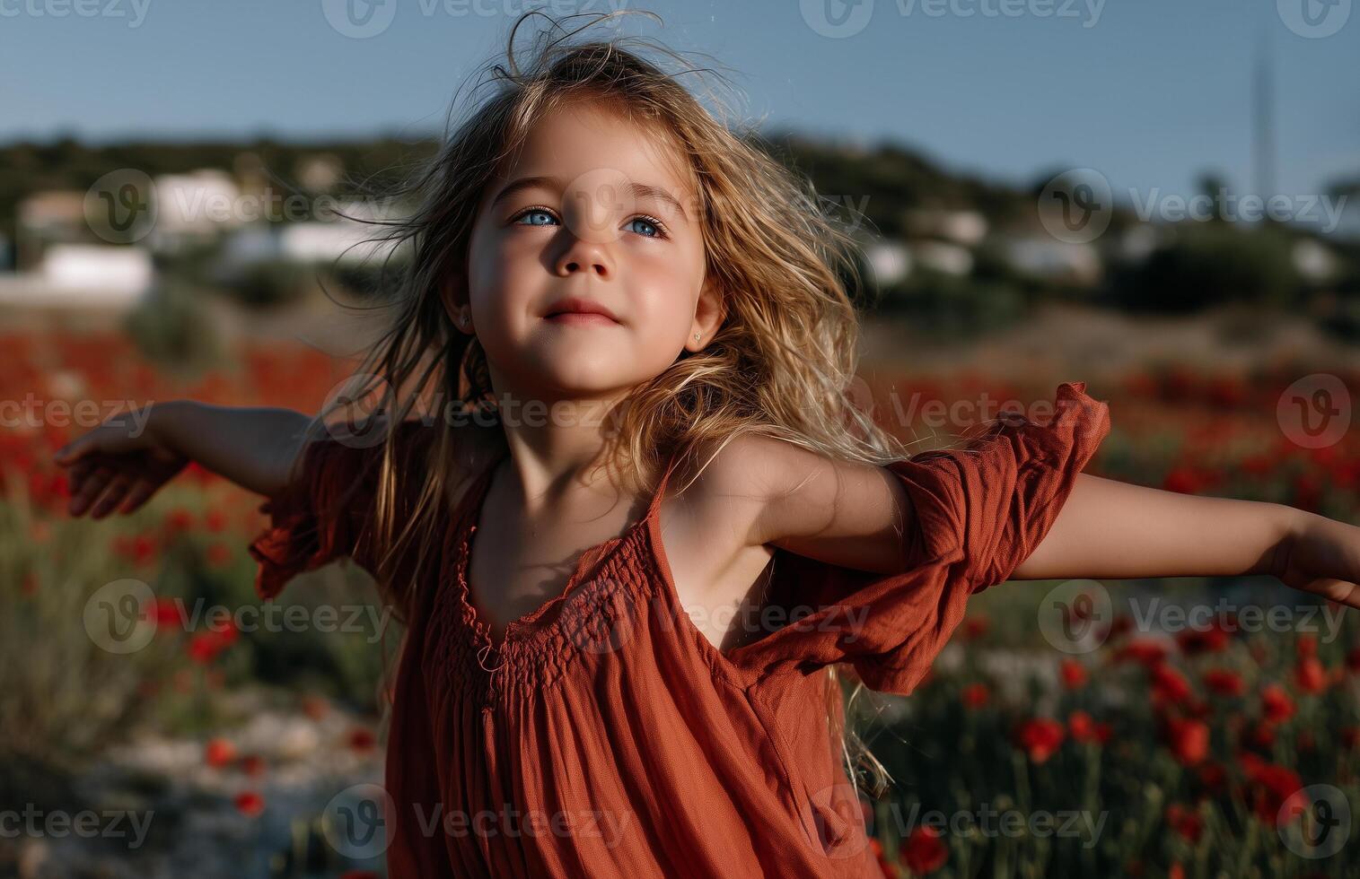 Young girl in orange sundress joyfully embraces summer in vibrant poppy field photo