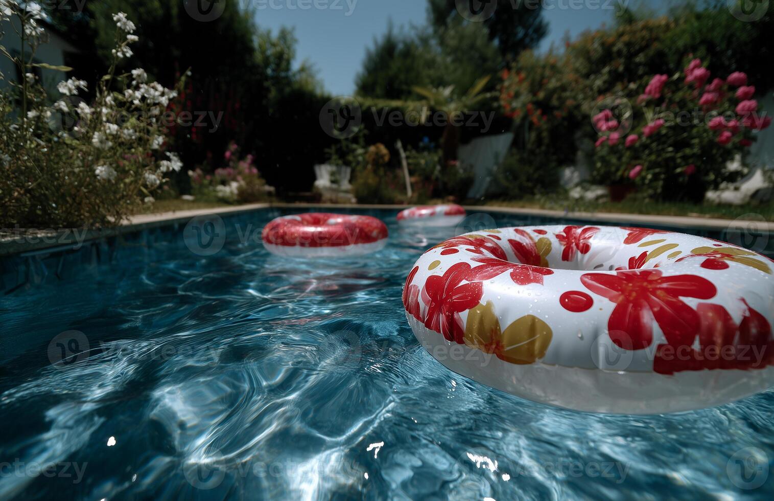 Bright summer day with colorful inflatable doughnut floats in a backyard swimming pool photo