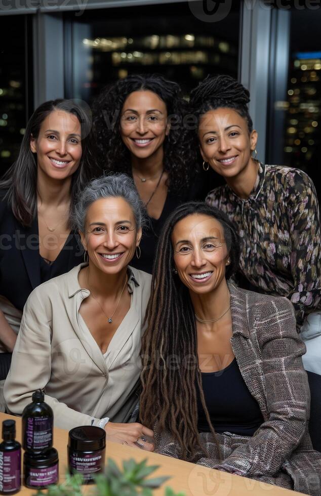 Five women enjoy a night gathering in an office with green beauty products and a stunning city backdrop photo