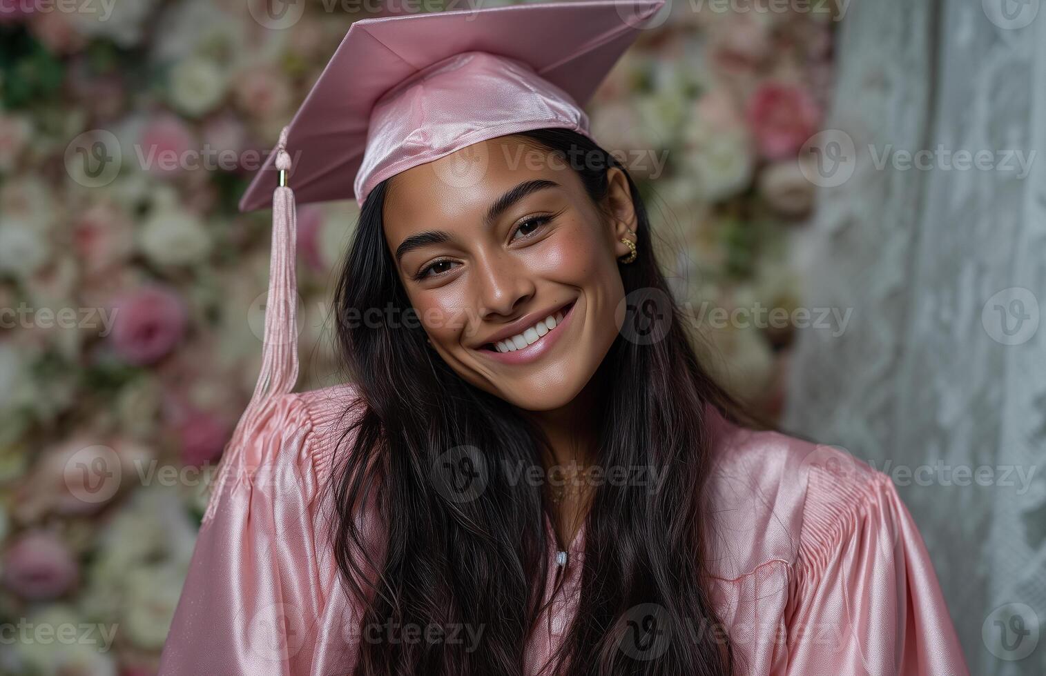 Graduation celebration with a smiling woman in pink cap and gown in front of a flower wall photo