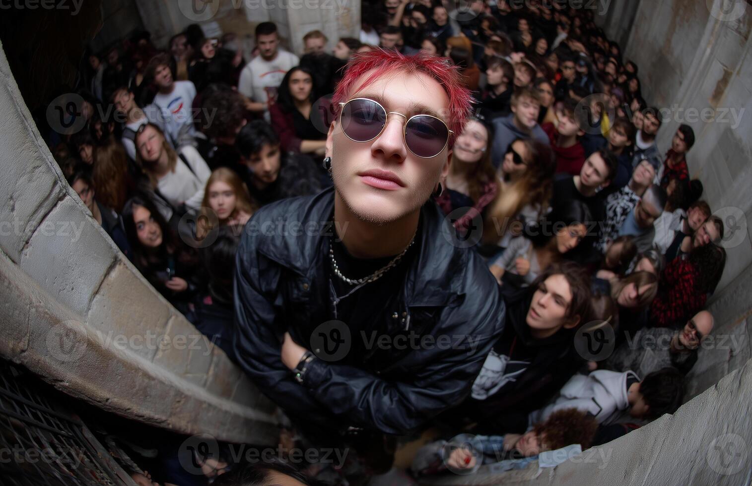 Punk rocker in black leather jacket captivates crowd from old castle corridor photo