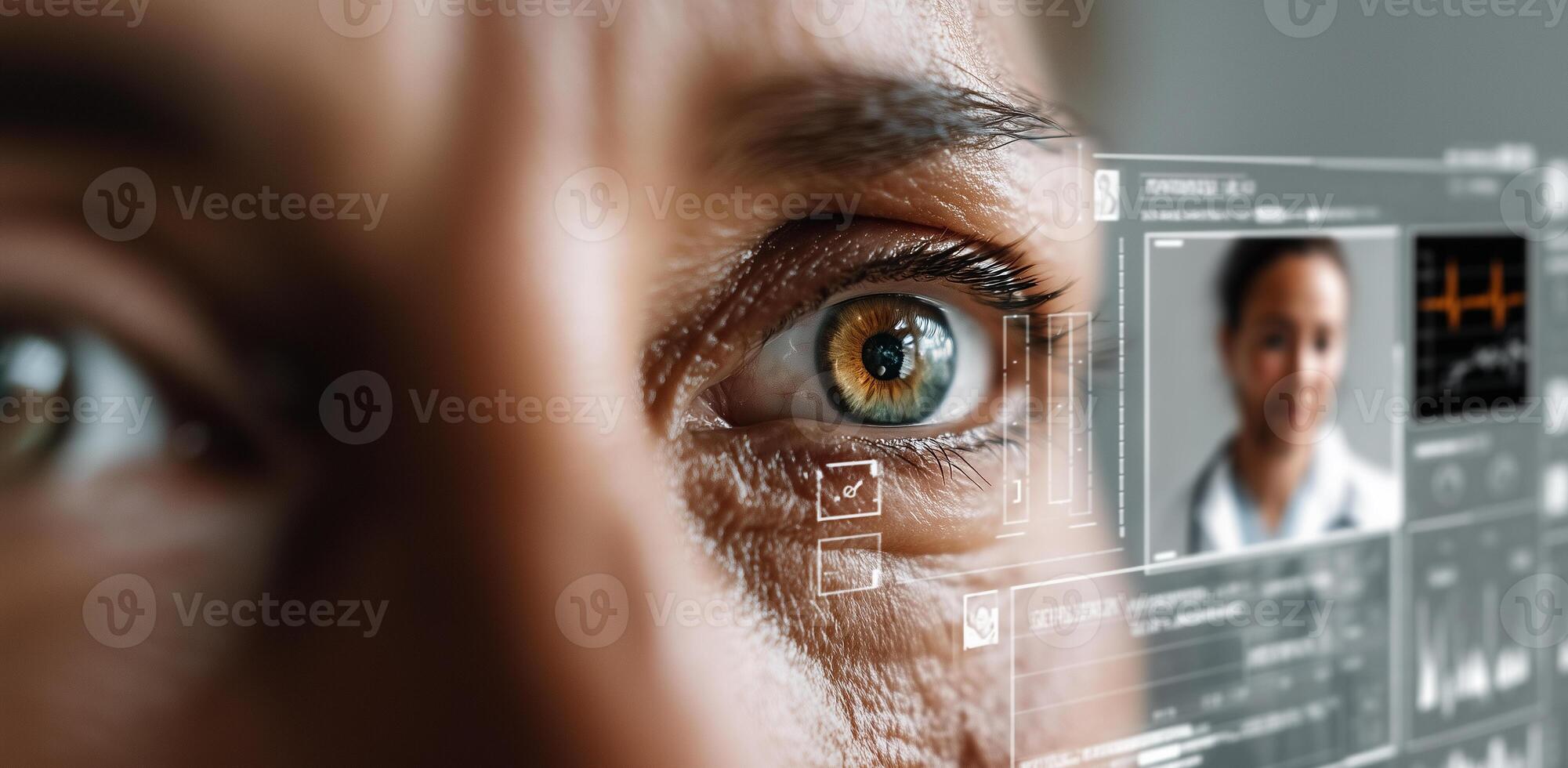 Close-up of an eye surrounded by digital data representing machine learning in precision medicine photo