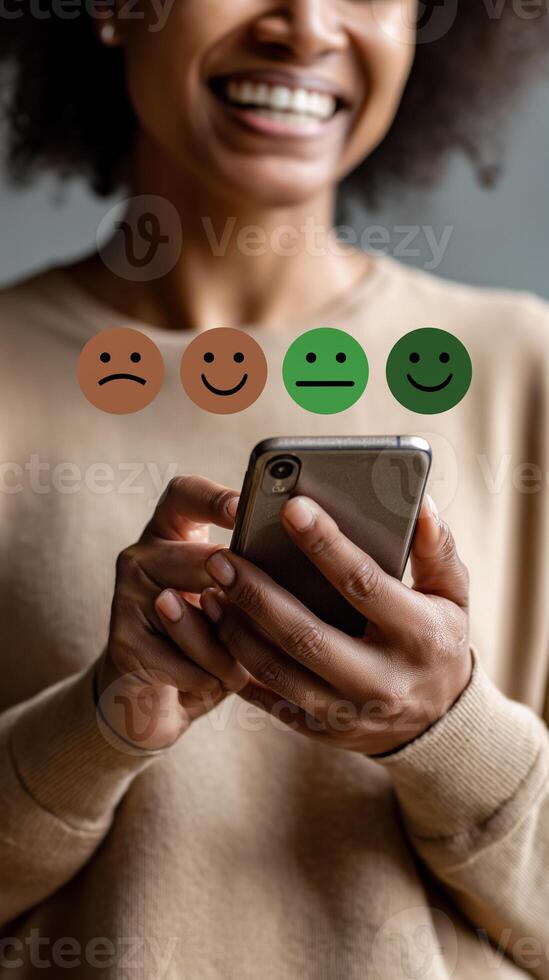 Customer satisfaction expressed through emojis while using a smartphone in a cozy indoor setting photo