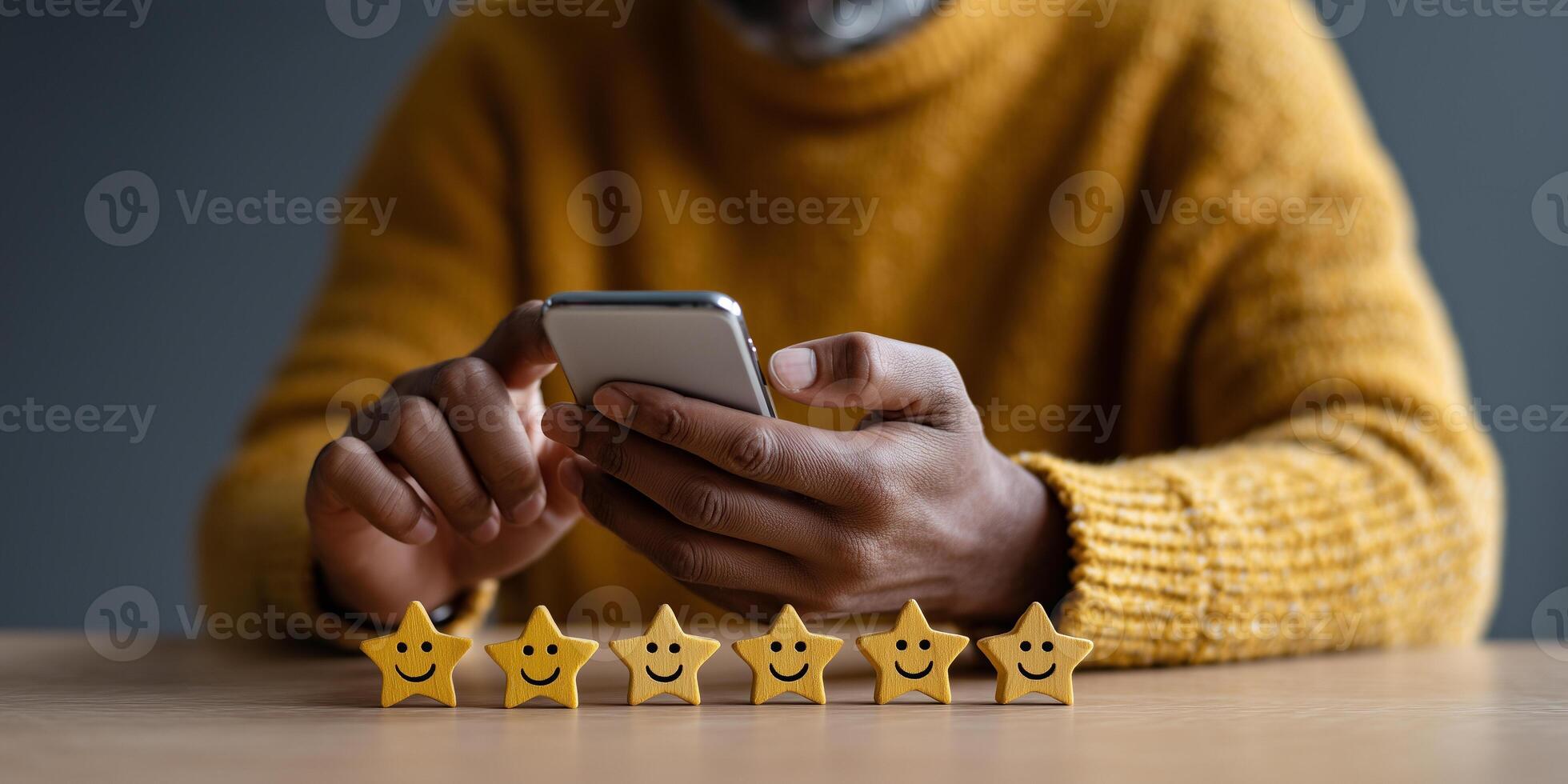 Customer expresses dissatisfaction using smartphone with smiley icons above stars highlighting poor service quality photo