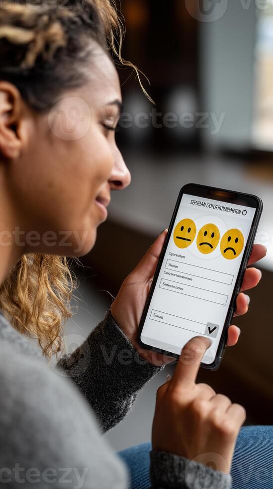 User engages with a satisfaction survey on smartphone, showcasing various emotions in feedback process photo