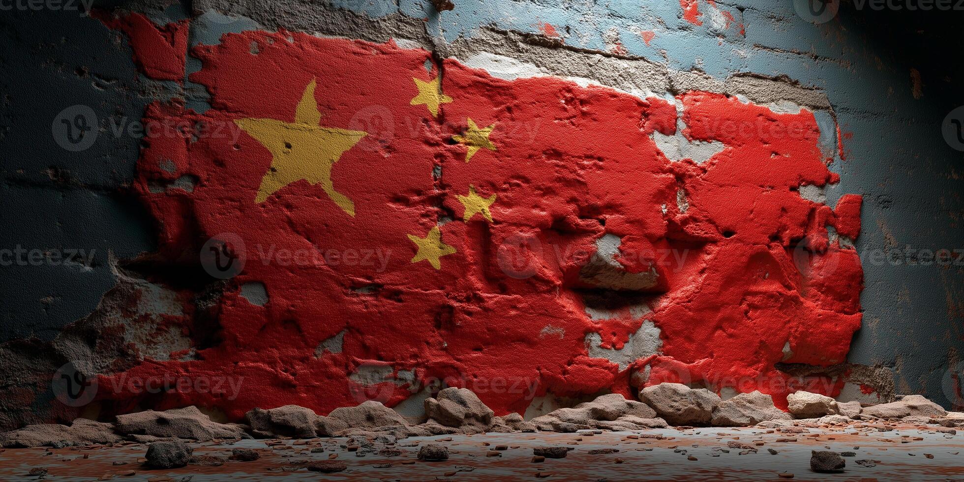 Abstract stone wall texture in colors of Chinese flag reflecting cultural heritage and history photo