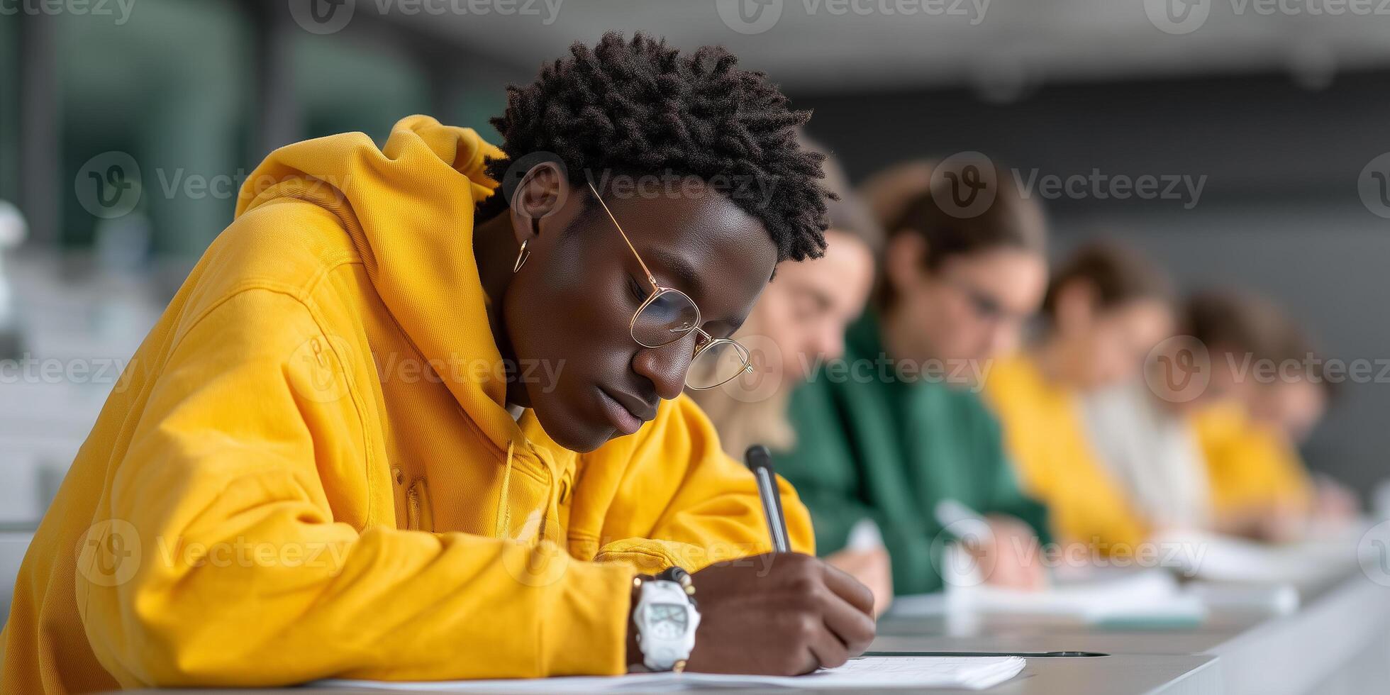 Students engaged in admission test in modern university classroom filled with natural light photo
