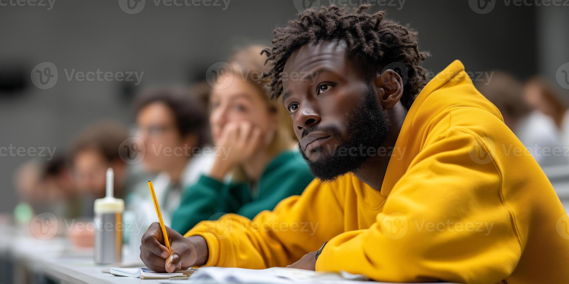 Students focus intently during educational admission test in modern university classroom photo
