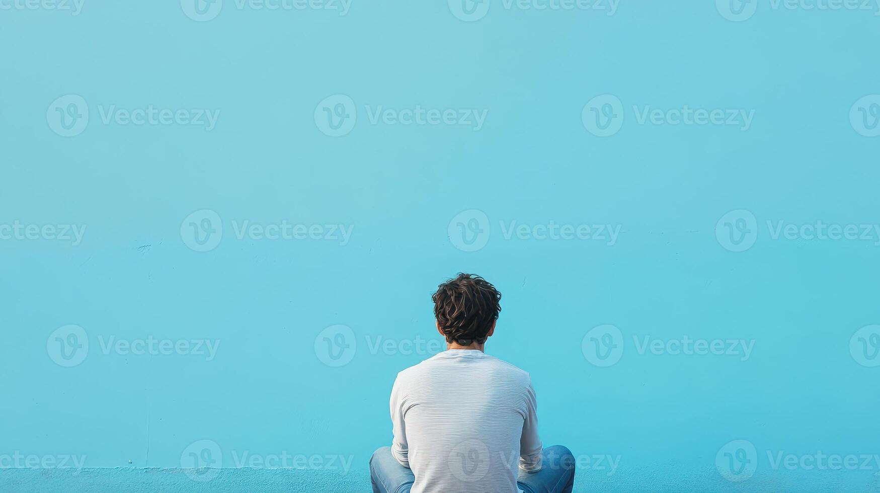 Person sitting alone against a blue wall photo