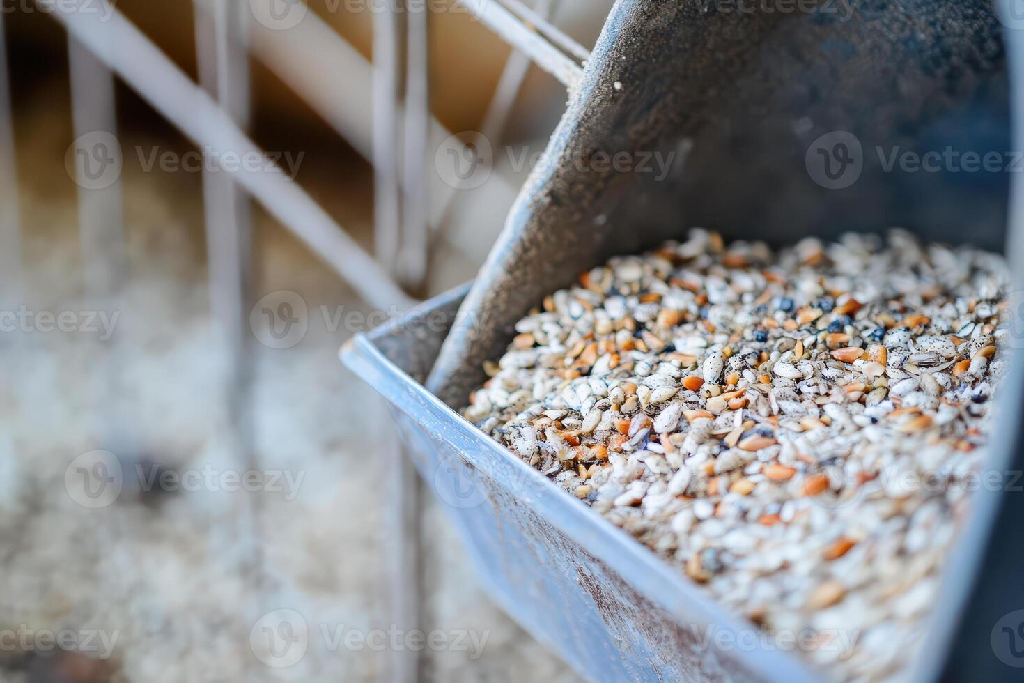 Livestock grain feeder with mixed seeds photo