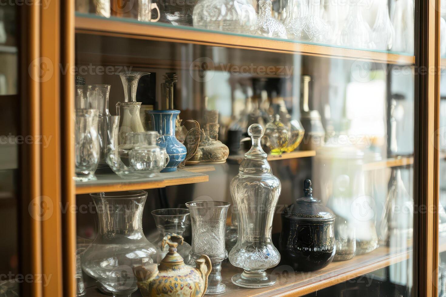 Display of glassware in a vintage cabinet photo