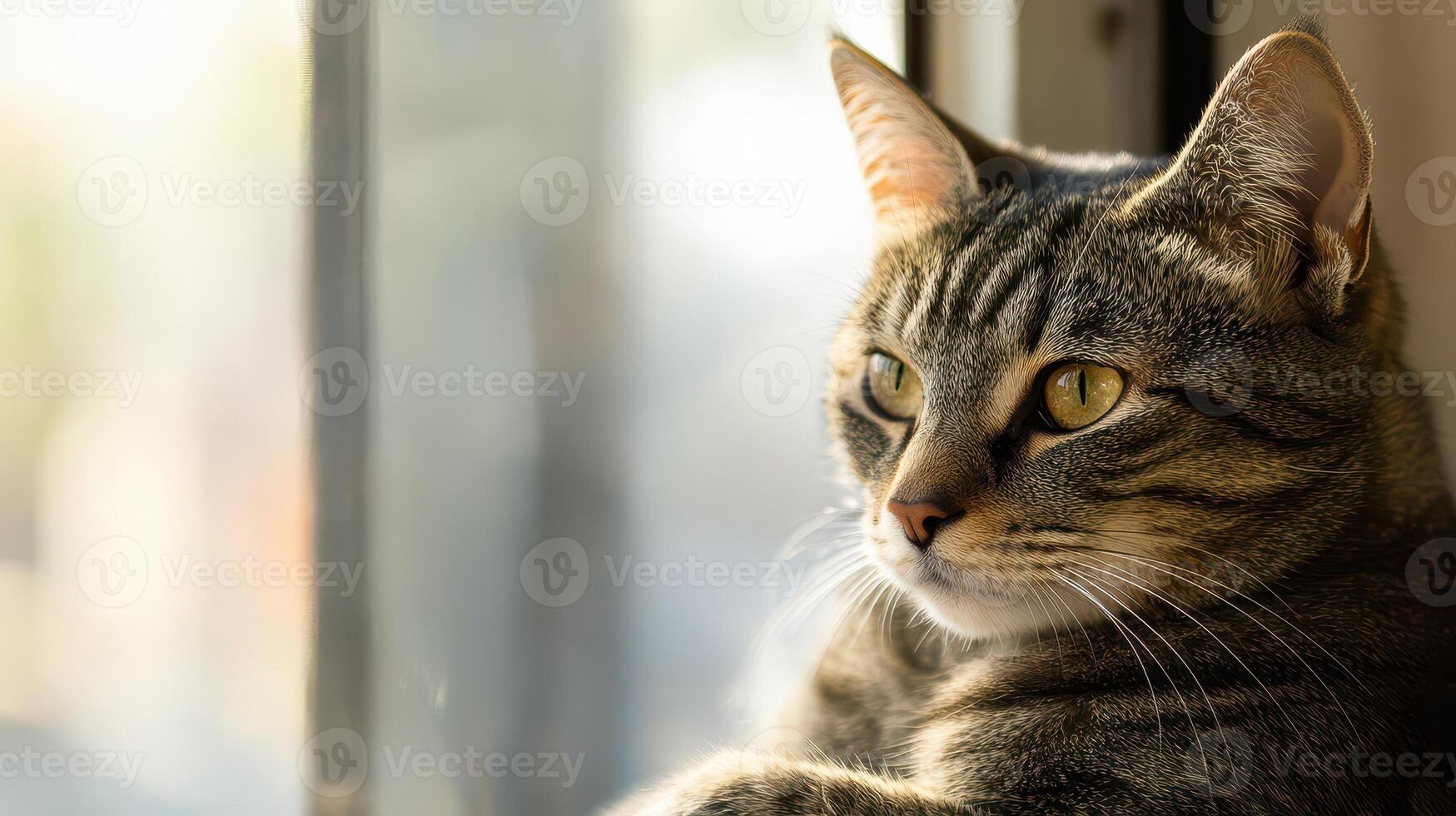 Cat relaxing by the window enjoying sunlight photo
