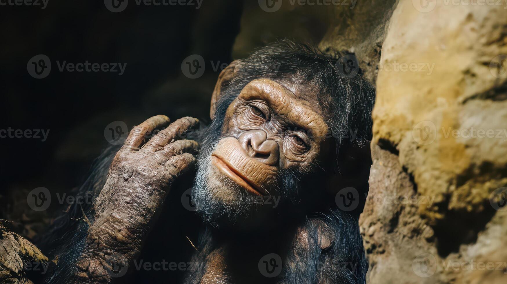 Primate in rocks appears thoughtful photo