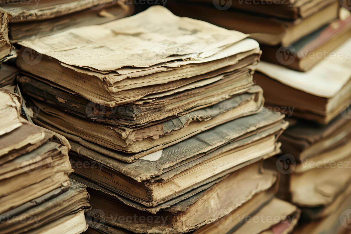 Stacked dusty books in a vintage library space photo