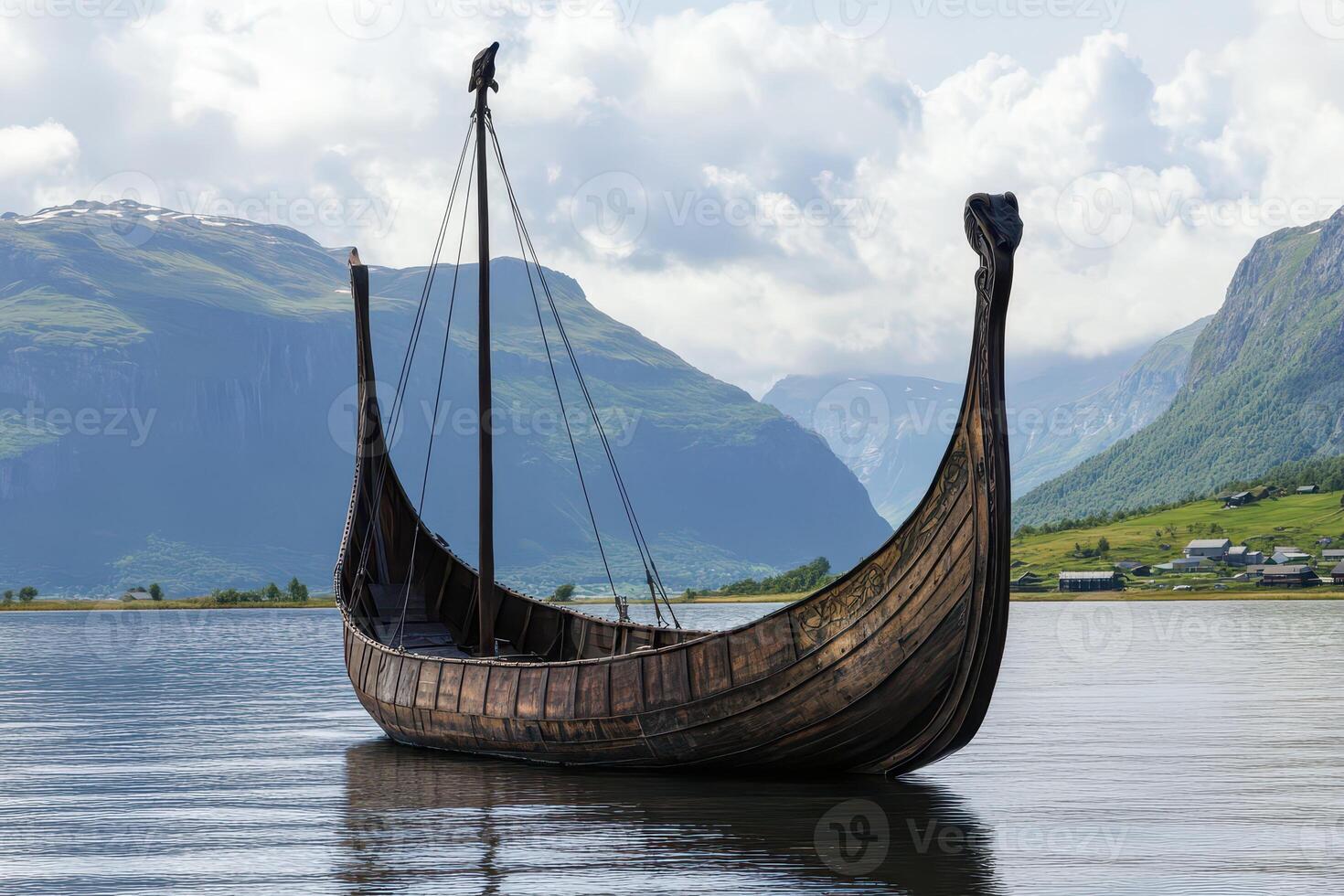 Viking longship in serene mountain waters photo