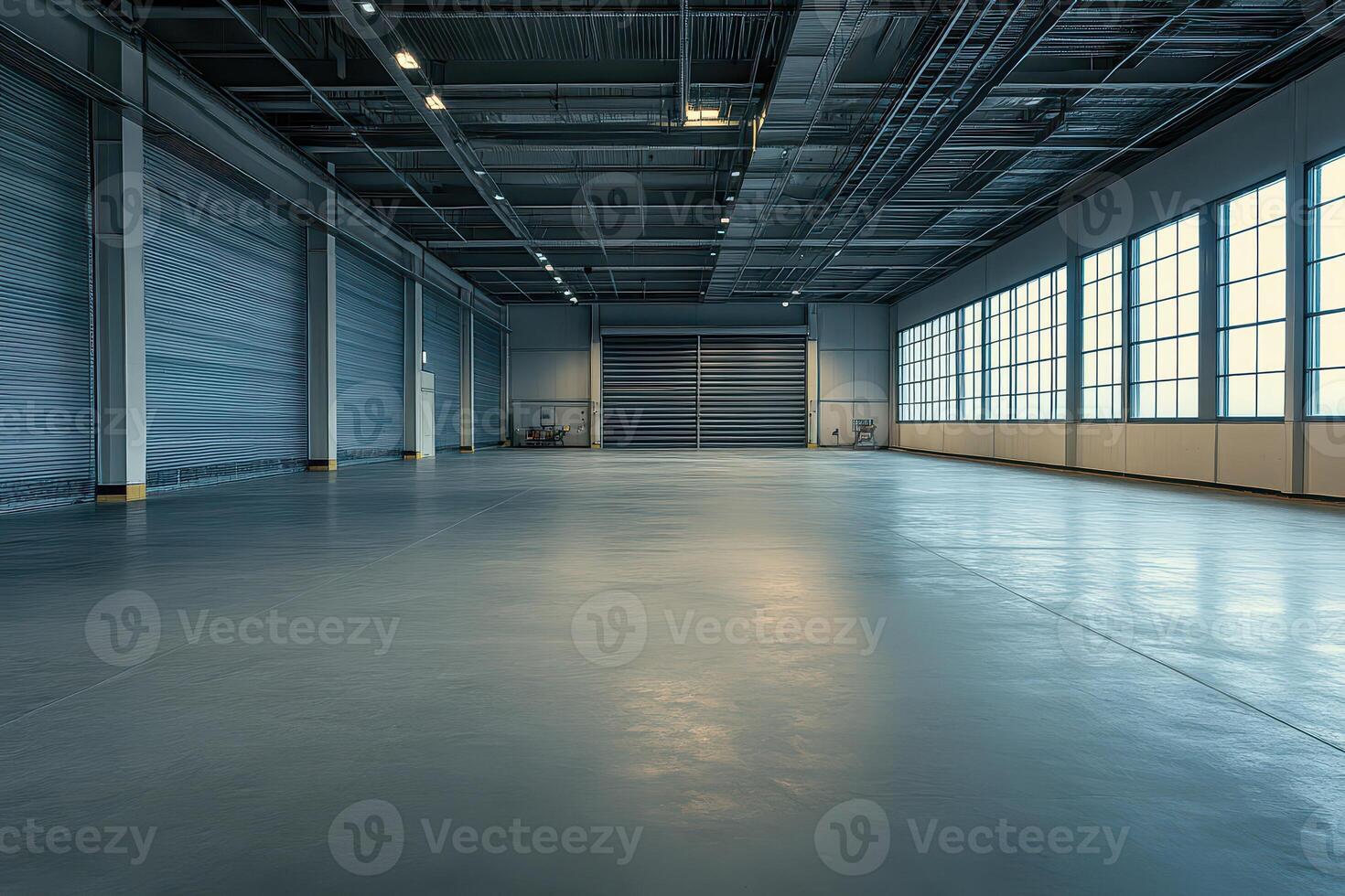 Large windowed industrial space concrete floor photo