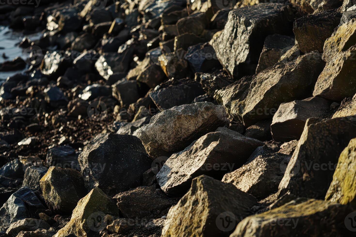Rocks along the water at sunset near the shore photo