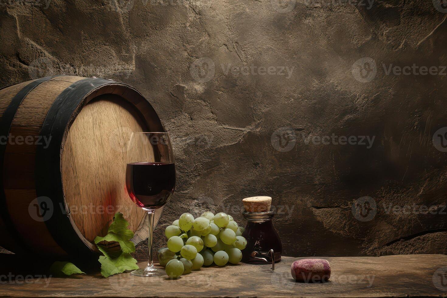 Red wine glass and grapes near wooden barrel photo