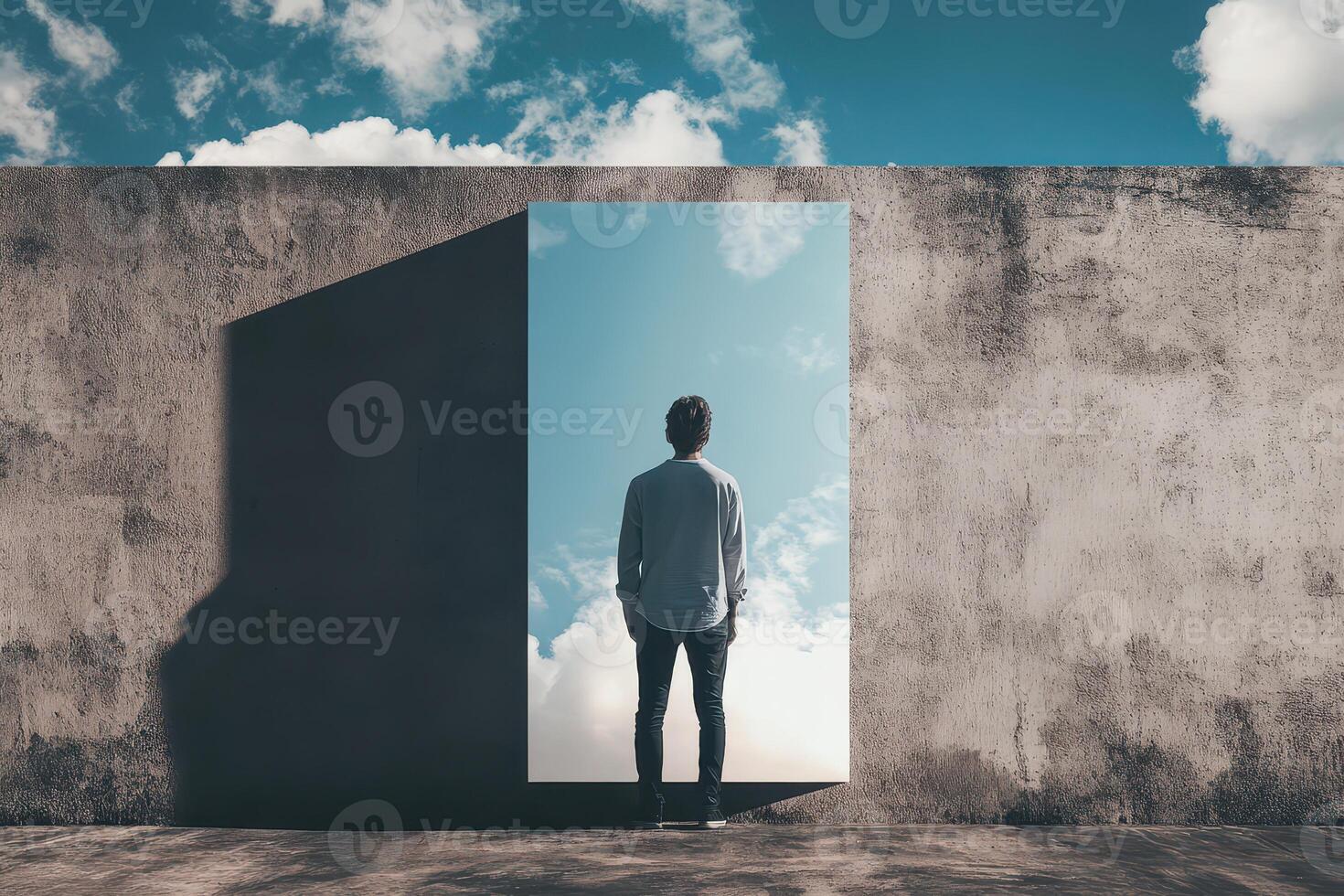 Man stands before a door to the sky photo