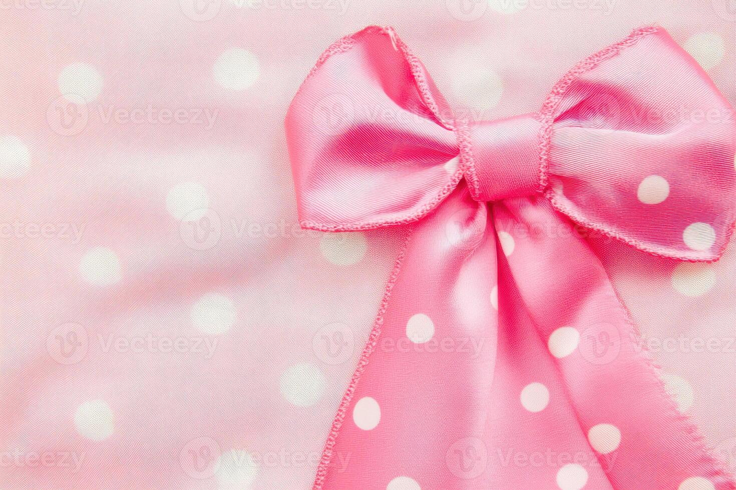 Bright pink bow with white polka dots on fabric photo