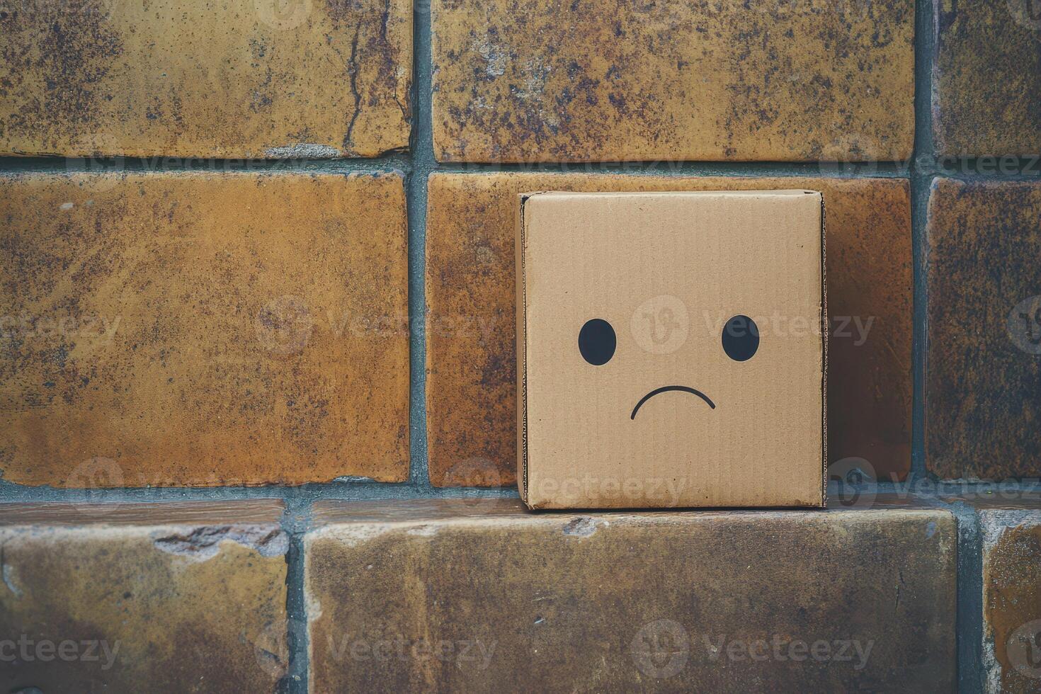 Cardboard box with a sad face on a brick wall photo