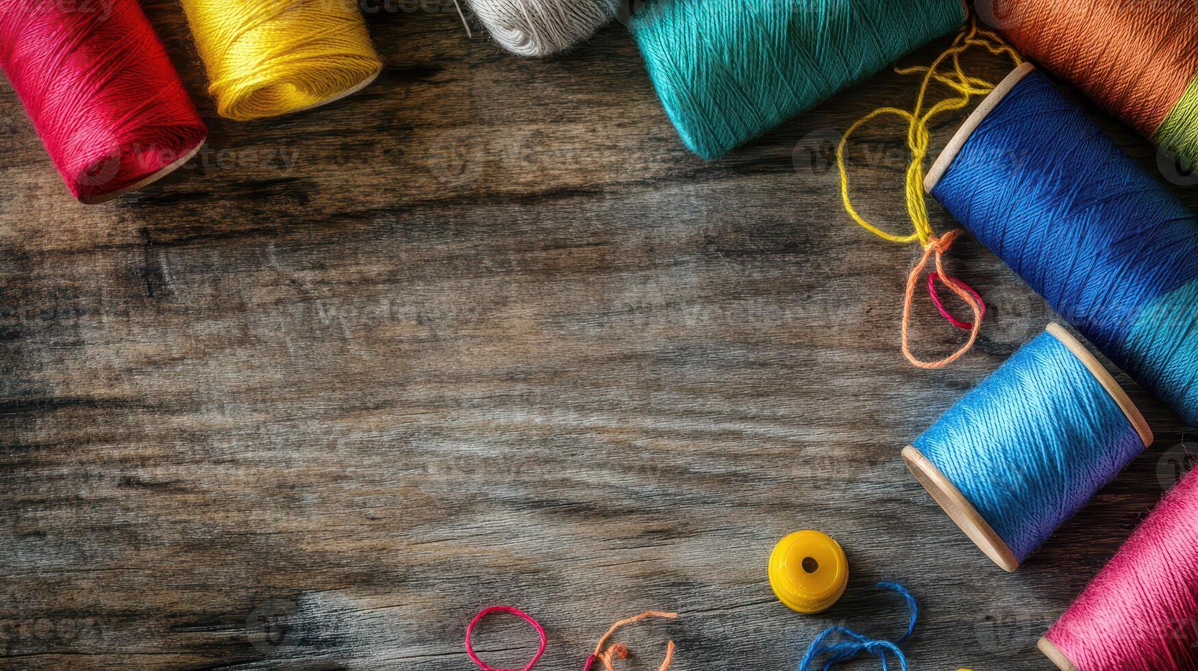 Colorful spools of thread on wooden table surface photo