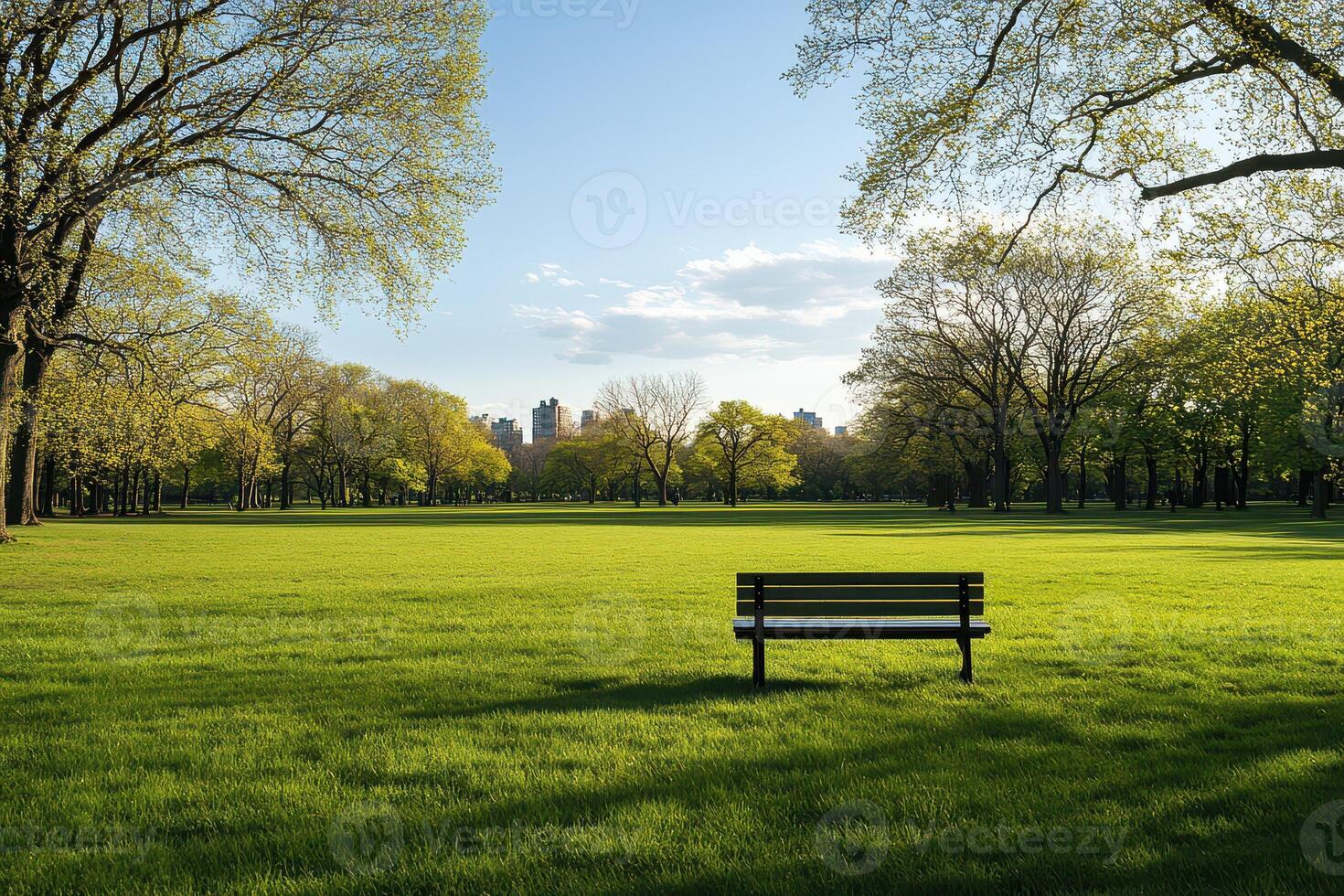 Bright green park with a bench under the trees photo