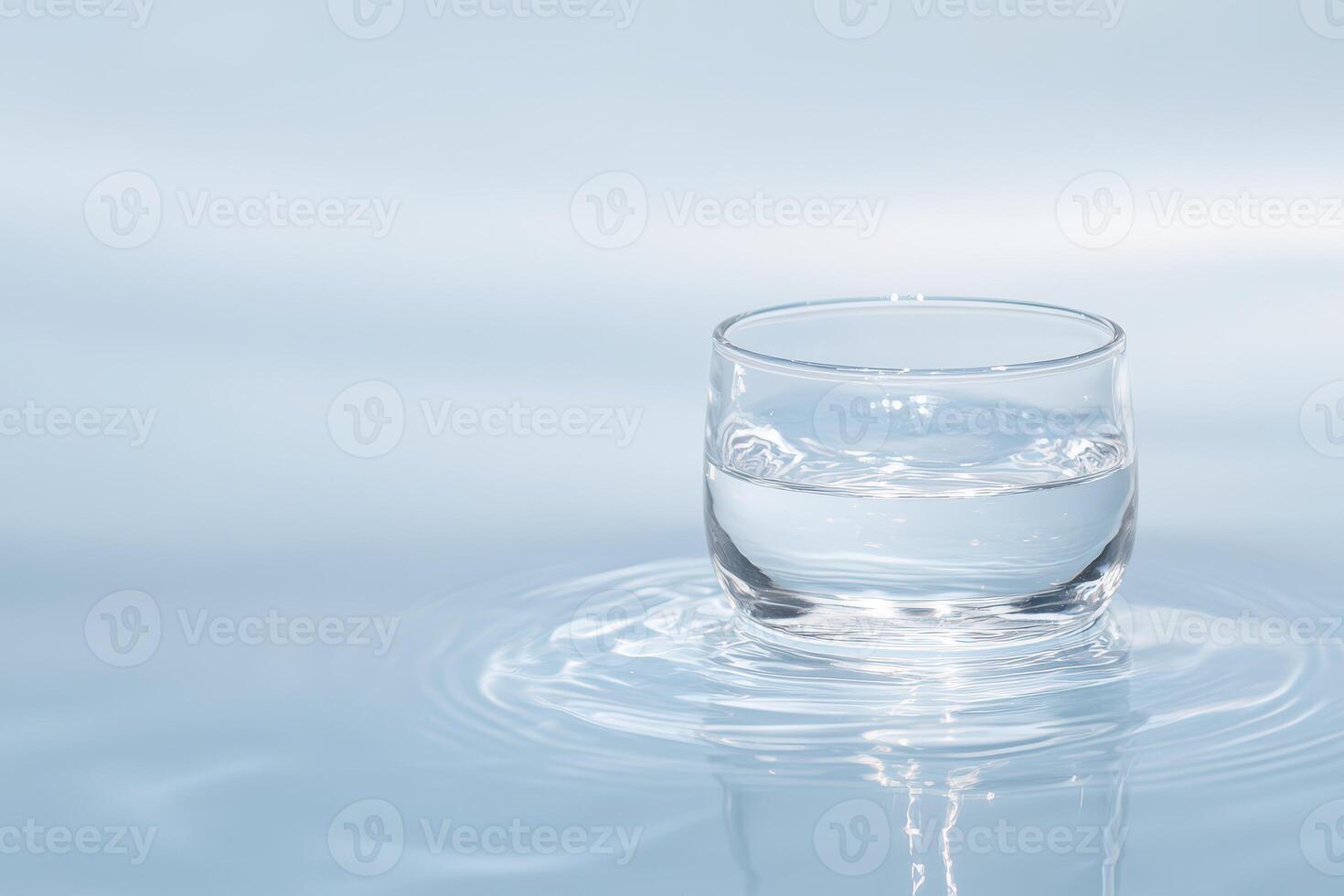 Clear glass cup floats on calm water surface photo