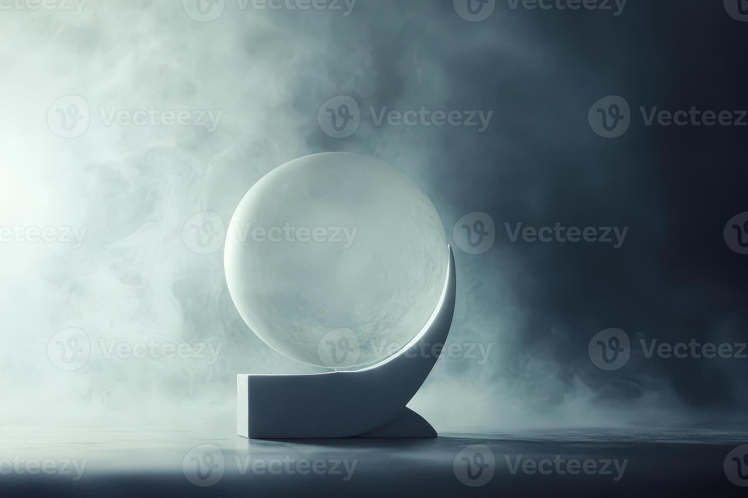 Crystal sphere on a modern pedestal in fog photo