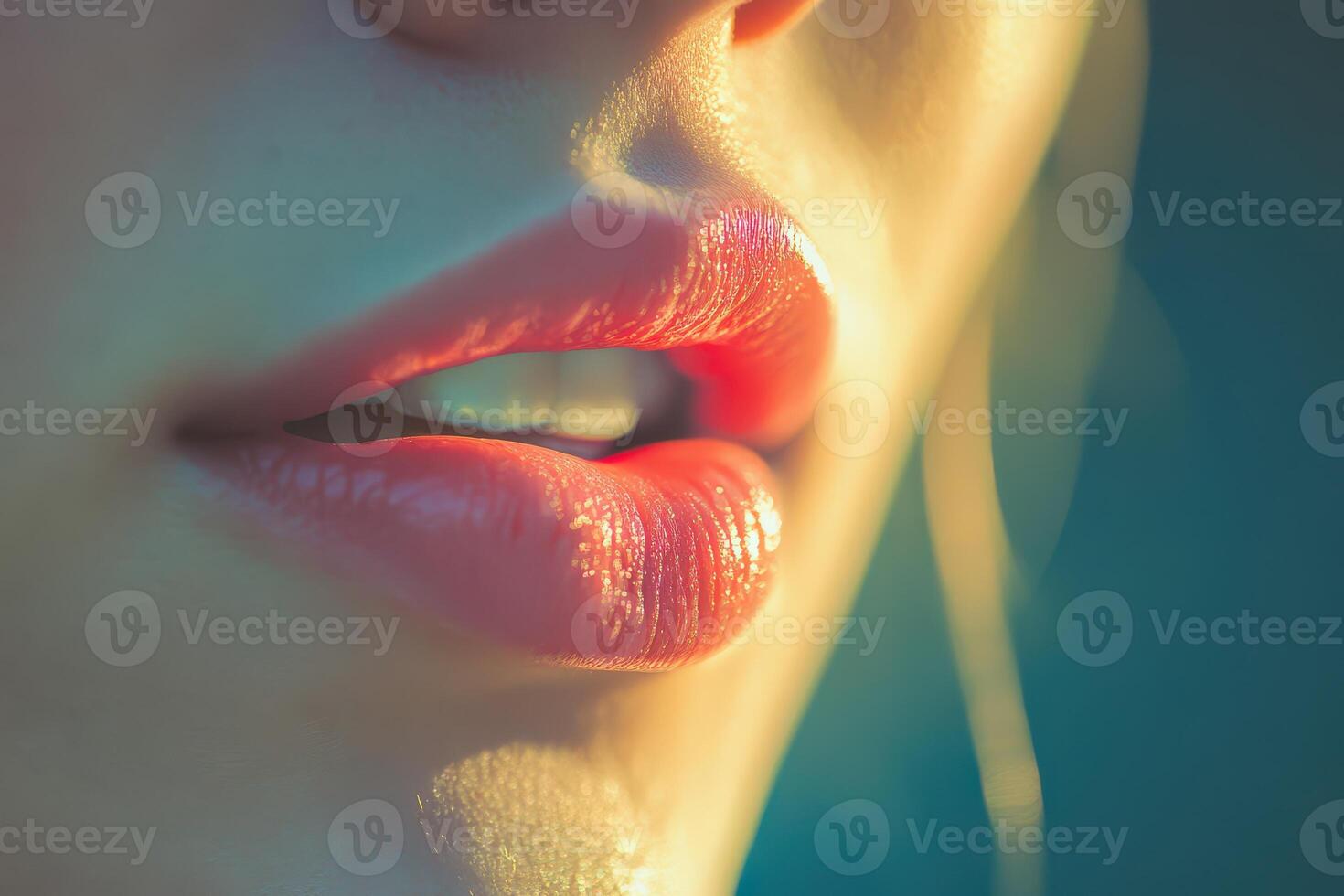 Soft lips illuminated by warm light at sunset photo
