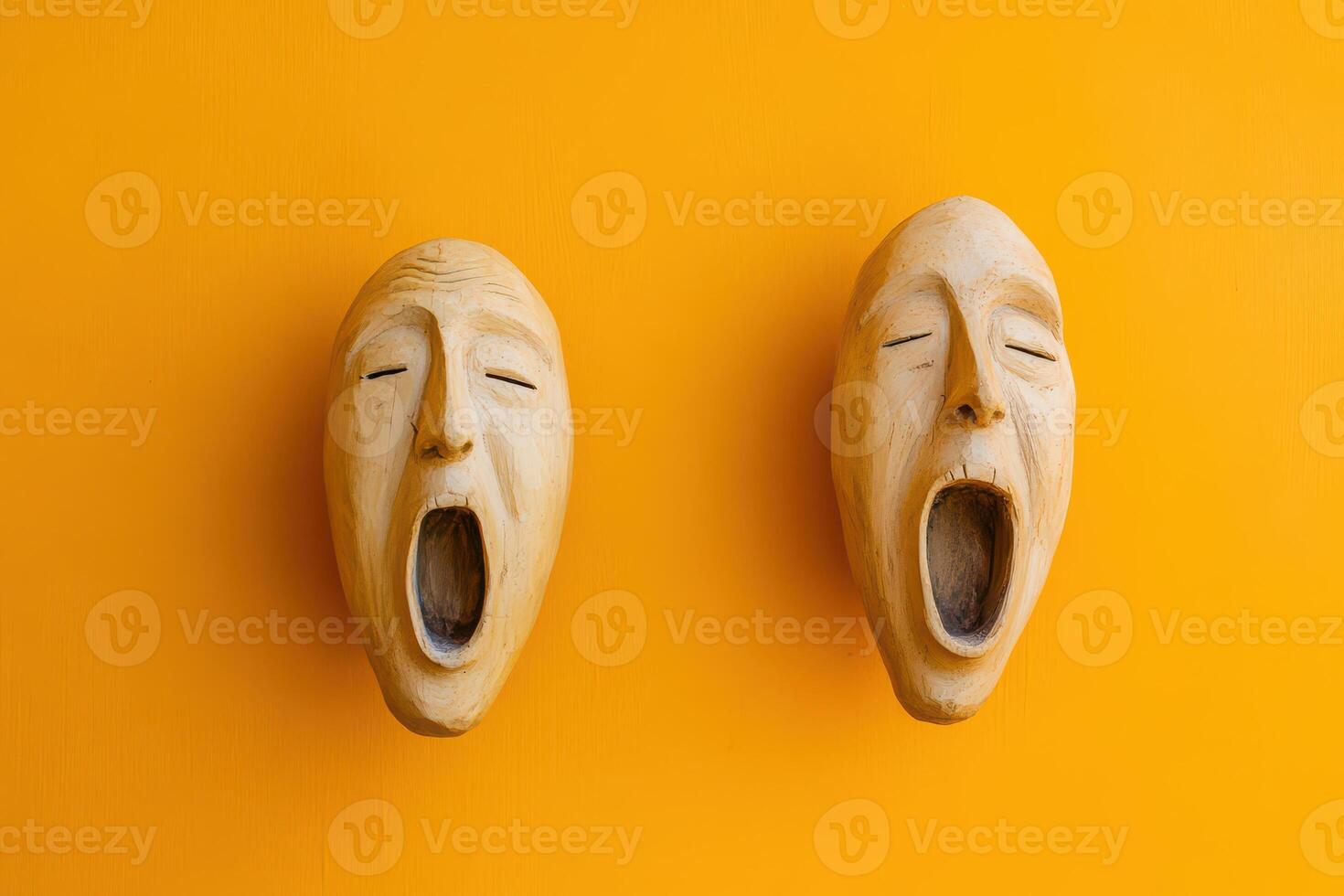Wooden masks expressing emotions on bright wall photo