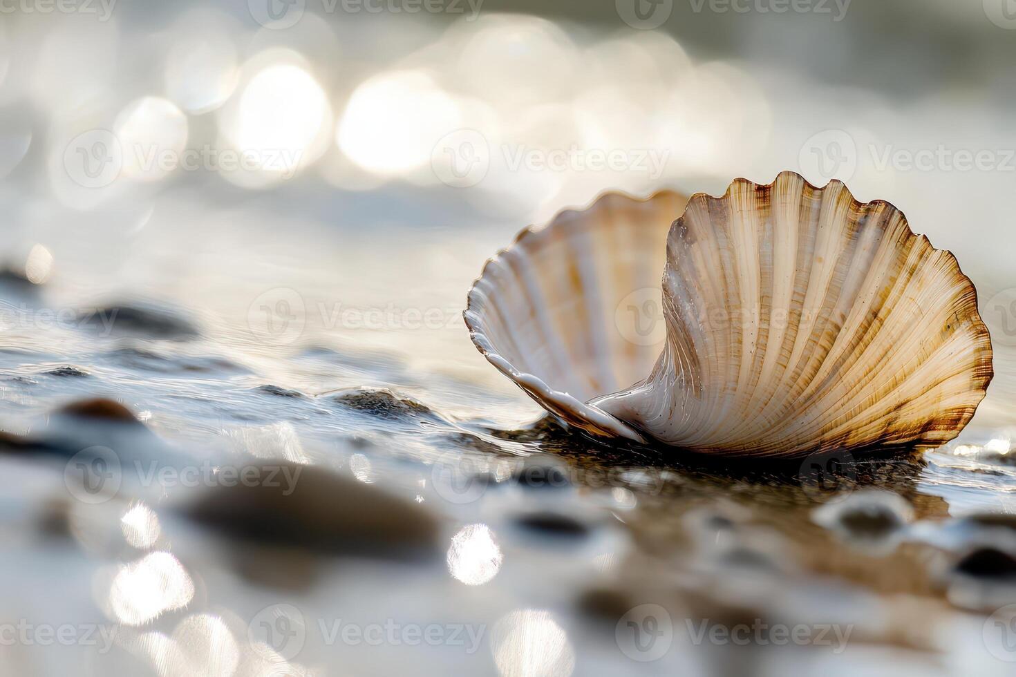 Shell resting on wet sand by the shore at sunset photo