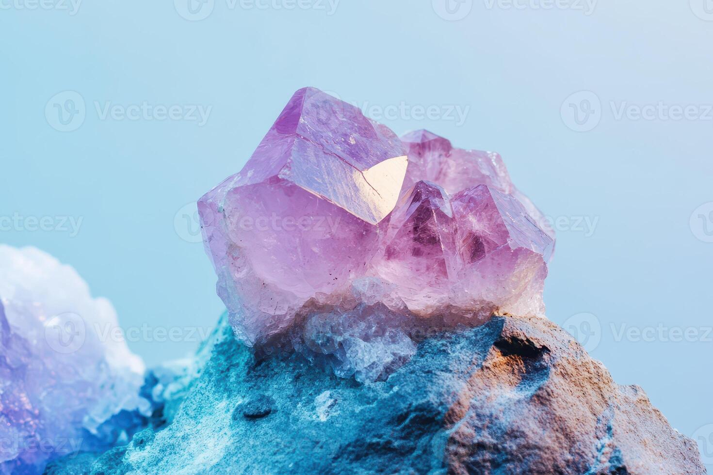 Amethyst crystals shine in natural light photo