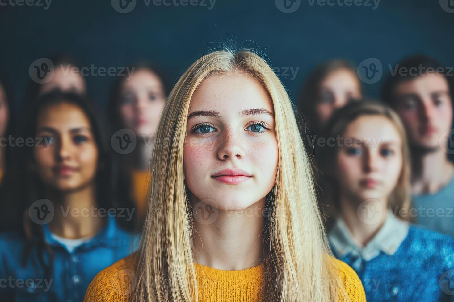 Group of friends posing together in a studio space photo