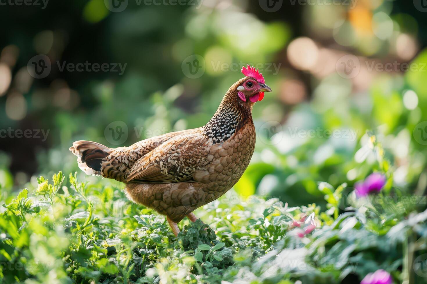 Chicken roaming in a vibrant garden setting photo