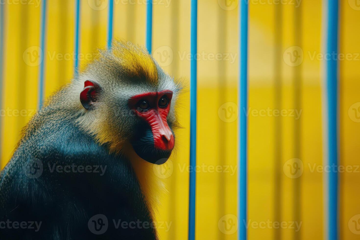 Baboon sits calmly in vibrant enclosure photo