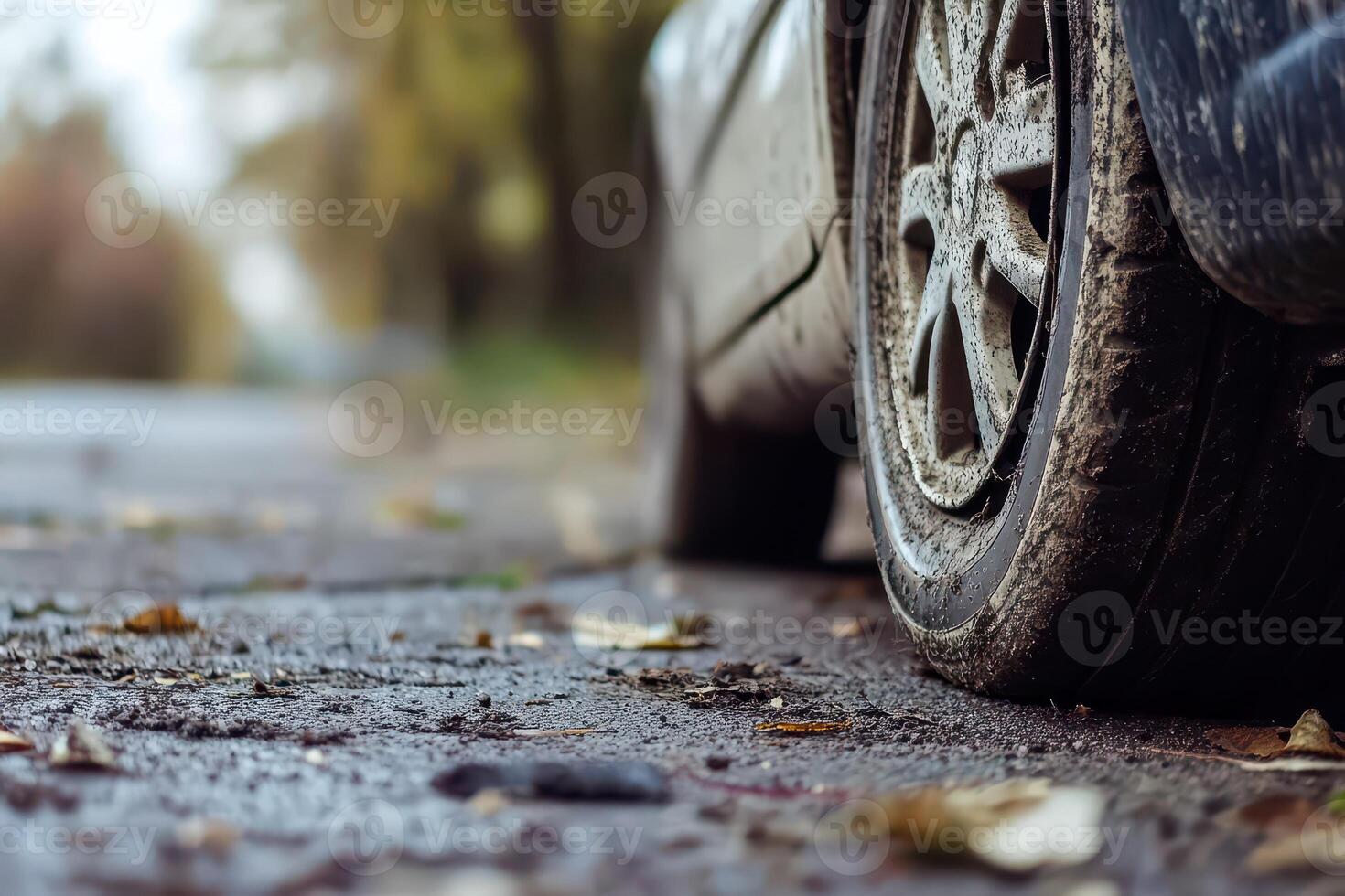 Car with flat tire on a rainy autumn road photo
