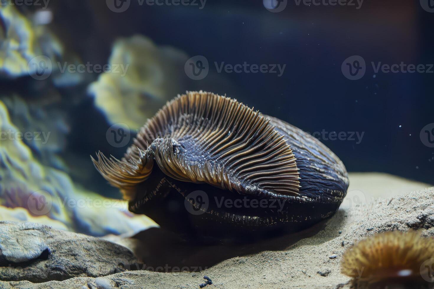 Unique shellfish resting on sandy ocean floor photo
