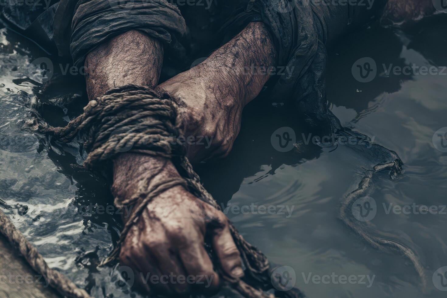 Hands bound with rope submerged in muddy water photo