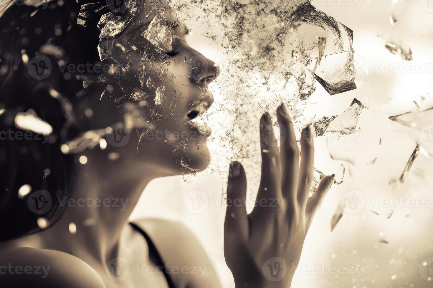 Emotional woman with shattered glass look photo