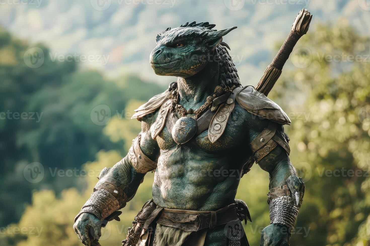 Lizard warrior stands proudly in forest photo