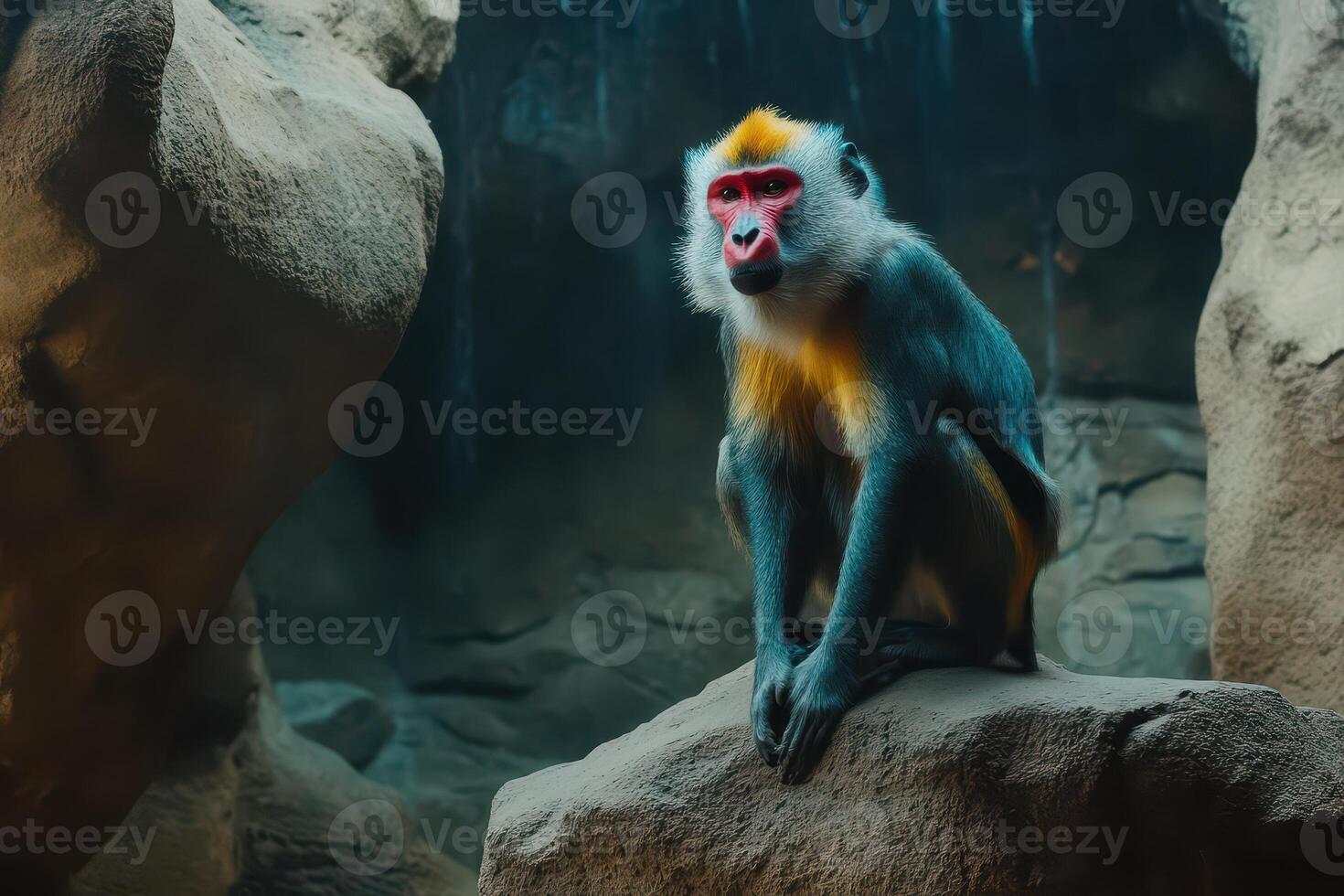 Baboon resting on rock in zoo habitat setting photo