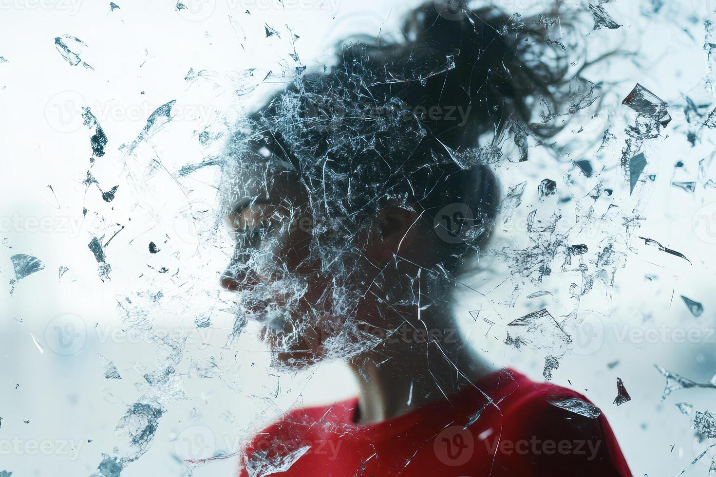 Shattered glass reflects a persons silhouette photo