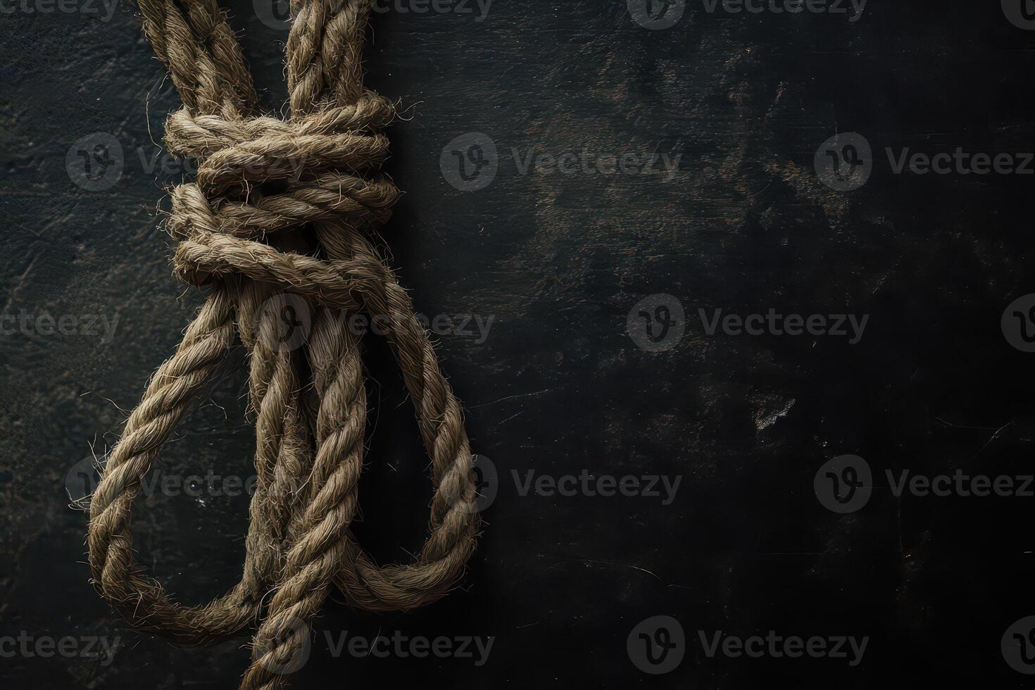 Knotted natural rope on dark textured surface photo