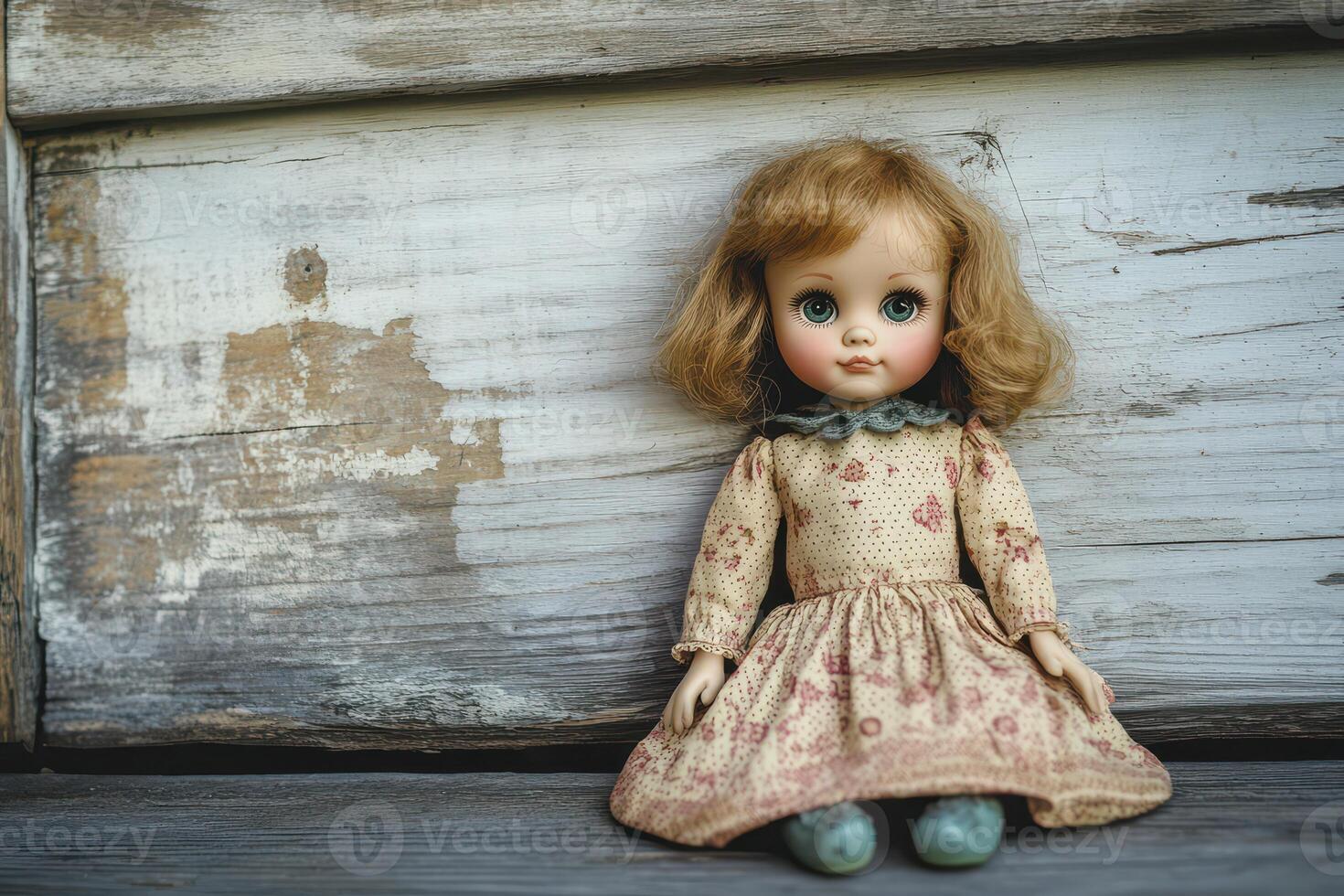Old fashioned doll sits against rustic wood photo