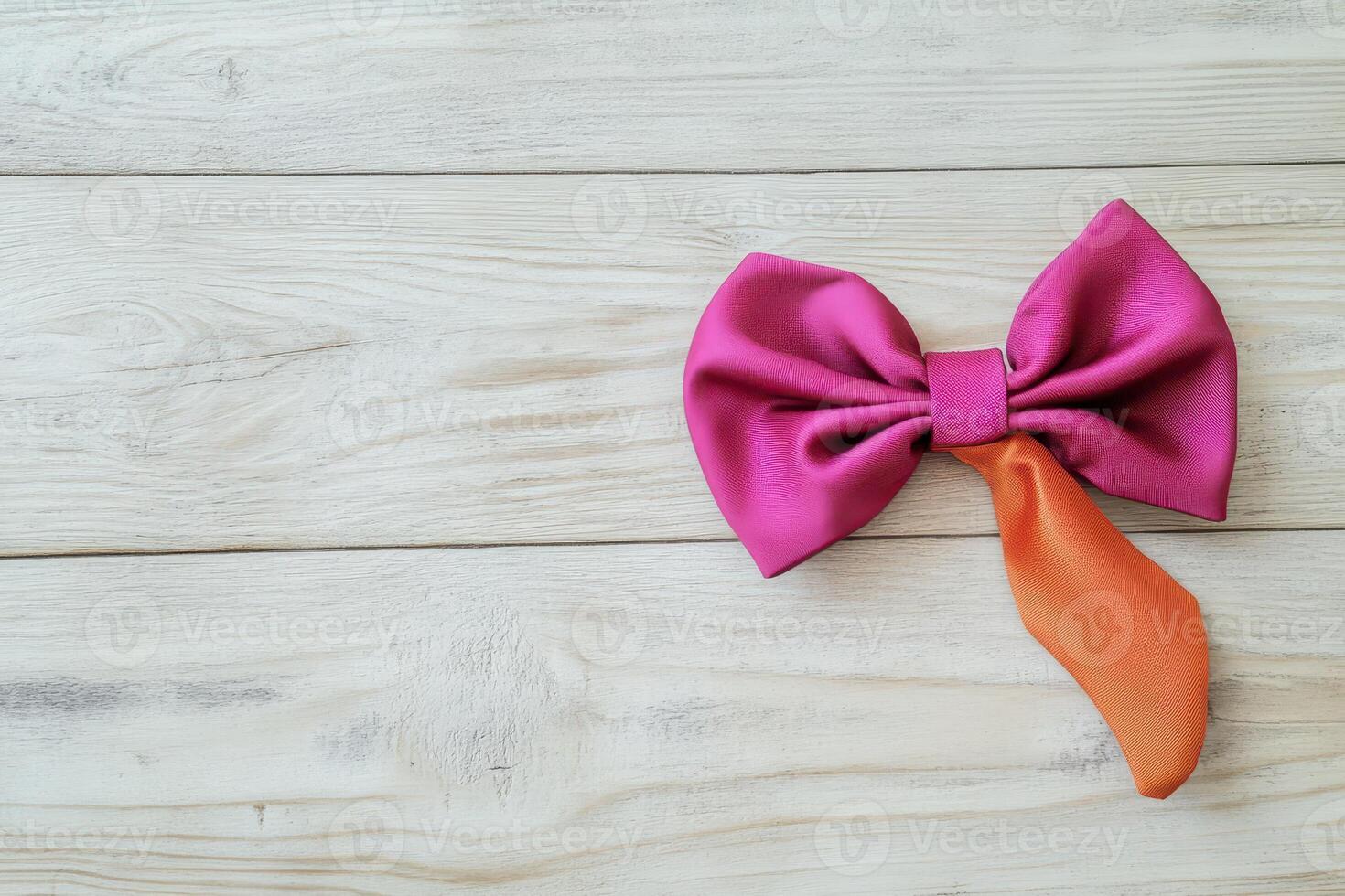 Colorful bow with orange ribbon on wooden surface photo