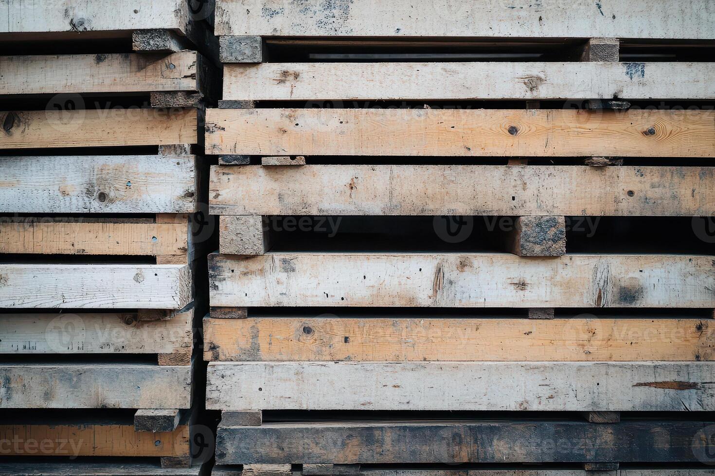 Stacked wooden pallets in warehouse photo