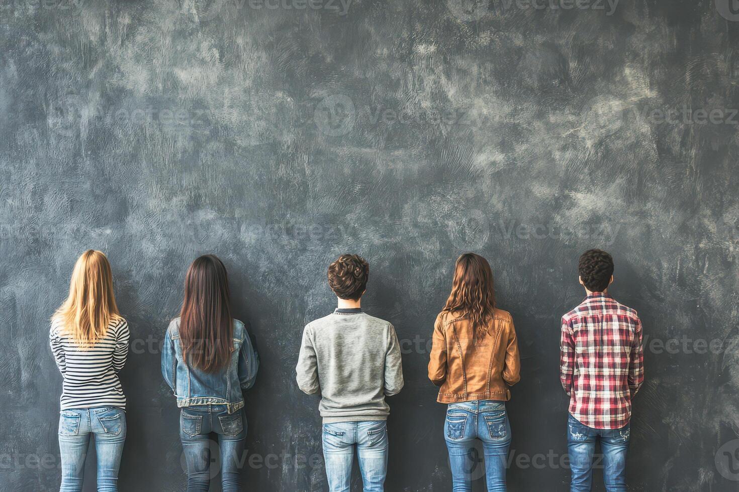 Group facing a textured wall in casual attire photo