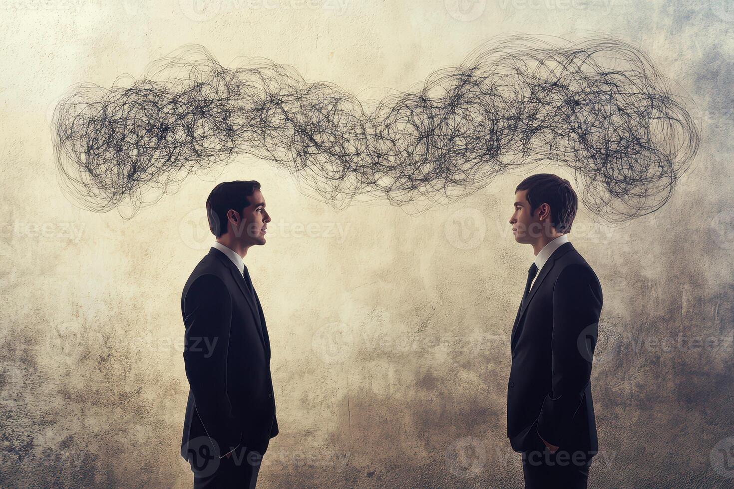 Two men in suits face each other with thoughts photo