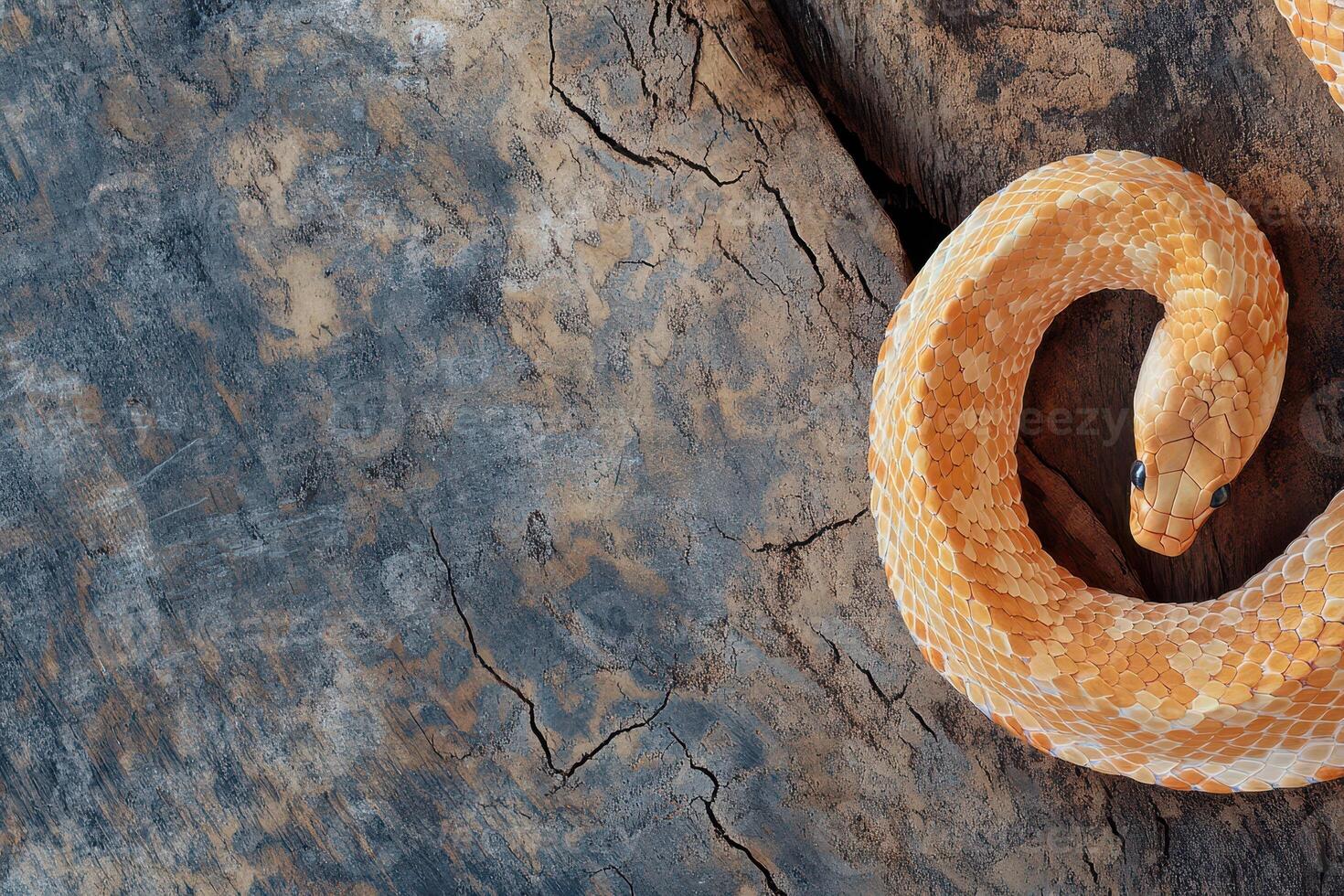 Close up view of a snake on textured wood photo